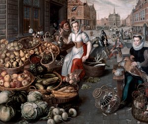 Vrouw die fruit en groenten verkoopt, c.1590 door Arnout de Muyser