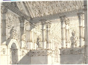 Interieur (van tempel?) met zuilen en beelden door Aron Wallick