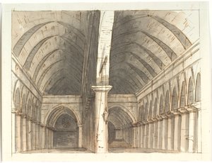 Interieur van de begane grond in een kerk (?) met zuilen en gewelven door Aron Wallick
