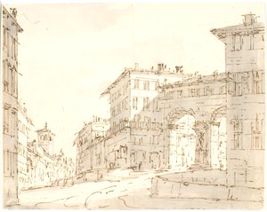 Italiaanse straat met kerk links en poort rechts door Aron Wallick