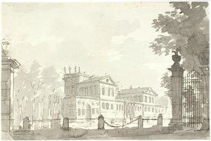 Paleis in omheind park, rechts een hekpoort
