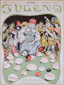 Eierdans, cartoon over de Eerste Haagse Vredesconferentie, uit het Duitse tijdschrift Jugend, 29 juli 1899 door Arpad Schmidhammer