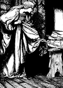 Morgan le Fay steelt Arthurs zwaard door Arthur (after) Rackham