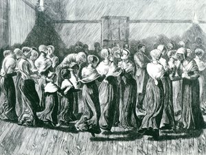 Shakers bij een Bijeenkomst: de Religieuze Dans, illustratie uit The Graphic, gepubliceerd op 14 mei 1870 door Arthur Boyd Houghton