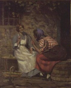 Schandaal, Twee Meisjes die Buiten een Huisje Roddelen door Arthur Claude Cooke