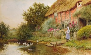 Rustiek toevluchtsoord (olieverf op doek) door Arthur Claude Strachan