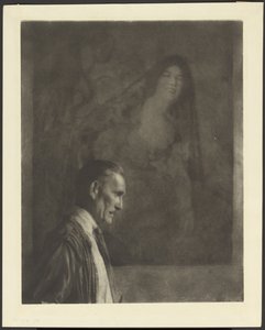 [Man met kleine, verzorgde snor in profiel voor een schilderij van een vrouw gekleed in Spaanse klederdracht].