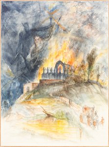 Een Kerkelijk Gebouw in Vlammen met Demonen Boven door Arthur Frederick Payne