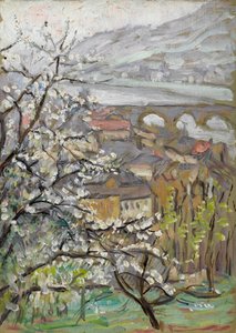 Uitzicht over een boomgaard over een brug en estuarium door Arthur Haythorne Studd