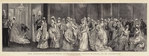 De ontvangstruimte van Hare Majesteit in Buckingham Palace, wachtend om gepresenteerd te worden