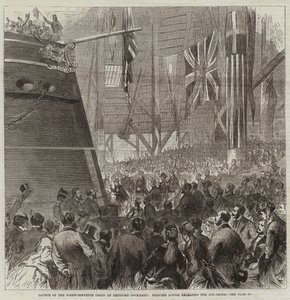 Tewaterlating van de schroefkorvet Druid in Deptford Dockyard, prinses Louise laat de Dog-Shore los door Arthur Hopkins