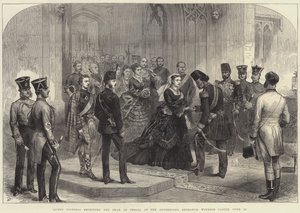 Koningin Victoria ontvangt de sjah van Perzië bij de ingang van de soeverein, Windsor Castle, 20 juni