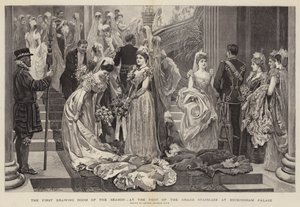 De eerste salon van het seizoen, aan de voet van de grote trap in Buckingham Palace door Arthur Hopkins