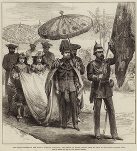 Het Grote Hoofdstuk van de Ster van India in Calcutta, de Prins van Wales die van zijn Tent naar de Grote Hoofdstuktent gaat door Arthur Hopkins
