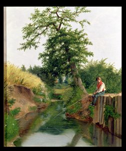 Een jongen aan het vissen door Arthur Hughes