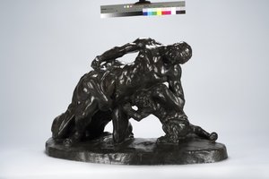 Man in gevecht met leeuwenwelp