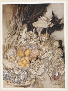 ACT III: Scene III, regel 19 Enter verschillende vreemde vormen, brengen een banket ... nodigen de koning, enz., uit om te eten. door Arthur Rackham