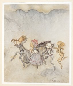 ACT IV: Scene I, regel 46 Elk, trippelend op zijn teen, Zal hier zijn met dweil en grimas. Nimfen.