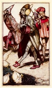 Een Laputaanse heer maakt een wandeling, uit Deel III: Een reis naar Laputa enz. in Gullivers Reizen door Jonathan Swift door Arthur Rackham
