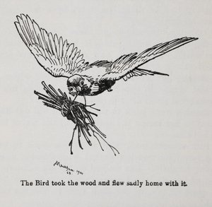 Een vogel die een bundel takken draagt door Arthur Rackham