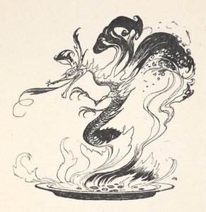 Een draak die uit een bord brandend geld komt door Arthur Rackham