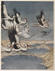 Een zwerm vogels die de dochter van Earl Mar wegvoert op de vooravond van haar huwelijk door Arthur Rackham