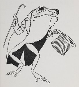 Een kikker met hoge hoed en rokkostuum, met een wandelstok door Arthur Rackham