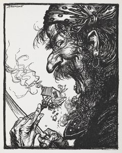 Een grote man eet een kleine dame en haar huis op door Arthur Rackham