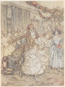 Een feest waarbij blindemannetje wordt gespeeld. Een geblinddoekte man achtervolgt een vrouw in een jurk met ruches door Arthur Rackham