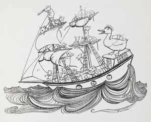 Een schip bemand door muizen en bestuurd door een eend door Arthur Rackham