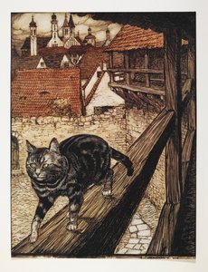 Een cyperse kat loopt langs de houten reling van een gebouw door Arthur Rackham
