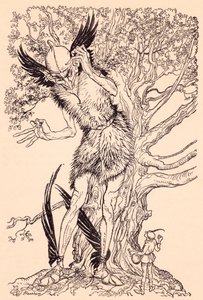 Een verschrikkelijke kerel half zo groot als de boom waar hij naast stond. Illustratie door Arthur Rackham uit Grimm