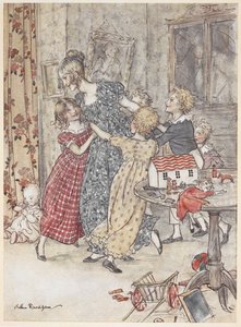 Een jonge vrouw en kinderen dansen in een speelkamer vol speelgoed door Arthur Rackham