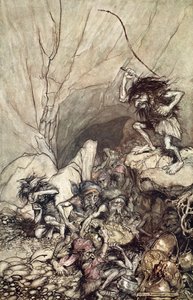 Alberich rijdt in een groep Nibelungen met goud- en zilverschatten, 1910