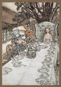 Alice bij het theekransje van de Gekke Hoedenmaker met de Maartse Haas, de Slaapmuis en de Gekke Hoedenmaker door Arthur Rackham