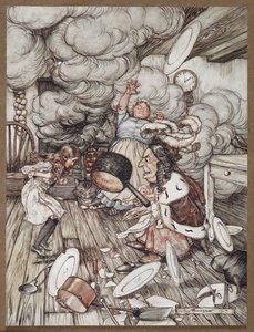 Alice in een keuken met de Hertogin, een kok en de Cheshire Cat