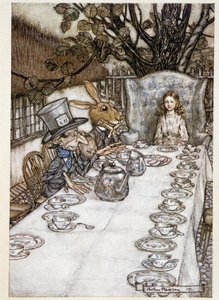 Alice neemt de "in de dwazen" (De Hoedenmaker en de Maartse Haas) - in "De Avonturen van Alice in Wonderland", Lewis Carroll, ill. door Arthur Rackham
