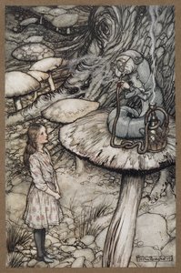 Alice praat met de rups die op een paddenstoel zit en een pijp rookt door Arthur Rackham