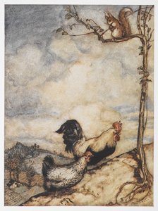 Een illustratie van een kip, haan en eekhoorn uit De avonturen van Chanticleer en Partlet. door Arthur Rackham