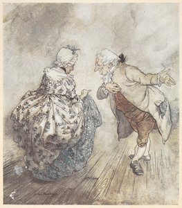 Een oud stel in formele kleding dat op het punt staat te dansen door Arthur Rackham