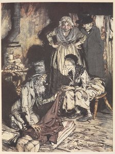 Een oude familie in hun huis met een man die hen gordijnen aanbiedt