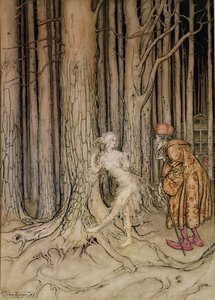 Eindelijk ontmoette ze de bruidegom die langzaam terugkwam, illustratie voor Fitchers Vogel, uit Kleine Broer, Kleine Zus, door de Gebroeders Grimm, 1917 door Arthur Rackham