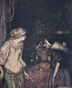 Eindelijk bereikte ze de kelder, en daar vond ze een oude, oude vrouw met een trillend hoofd.., uit De sprookjes van de gebroeders Grimm
