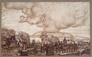 Weg vloog hij recht over de huizen naar de tuinen, uit Peter Pan in Kensington Gardens door J M Barrie (1860 - 1937), pub. 1906