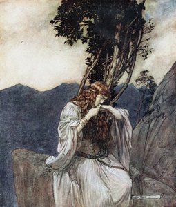 Brünnhilde kust de ring die Siegfried bij haar heeft achtergelaten. Illustratie voor Siegfried en de Twi door Arthur Rackham