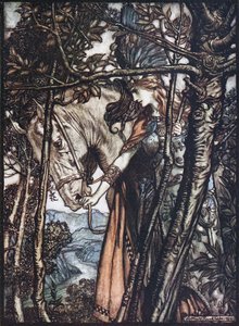 Brünnhilde leidt haar paard aan de teugel. Illustratie voor De Rijn en De Walkure door Richard Wagner