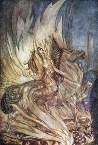 Brünnhilde op Grane springt op de brandstapel van Siegfried. Illustratie voor Siegfried en De Tw door Arthur Rackham