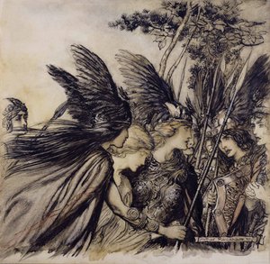 Brunnhilde smeekt de Walkuren, illustratie uit Het Rijngoud en de Walkure, door Richard Wagner, editie gepubliceerd 1910 door Arthur Rackham