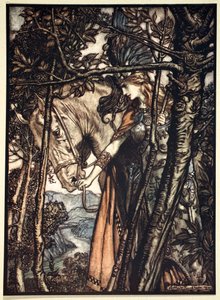 Brunnhilde leidt langzaam en stilletjes haar paard naar het pad naar de grot door Arthur Rackham
