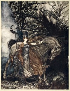 Brunnhilde met haar paard bij de mond van de grot door Arthur Rackham
